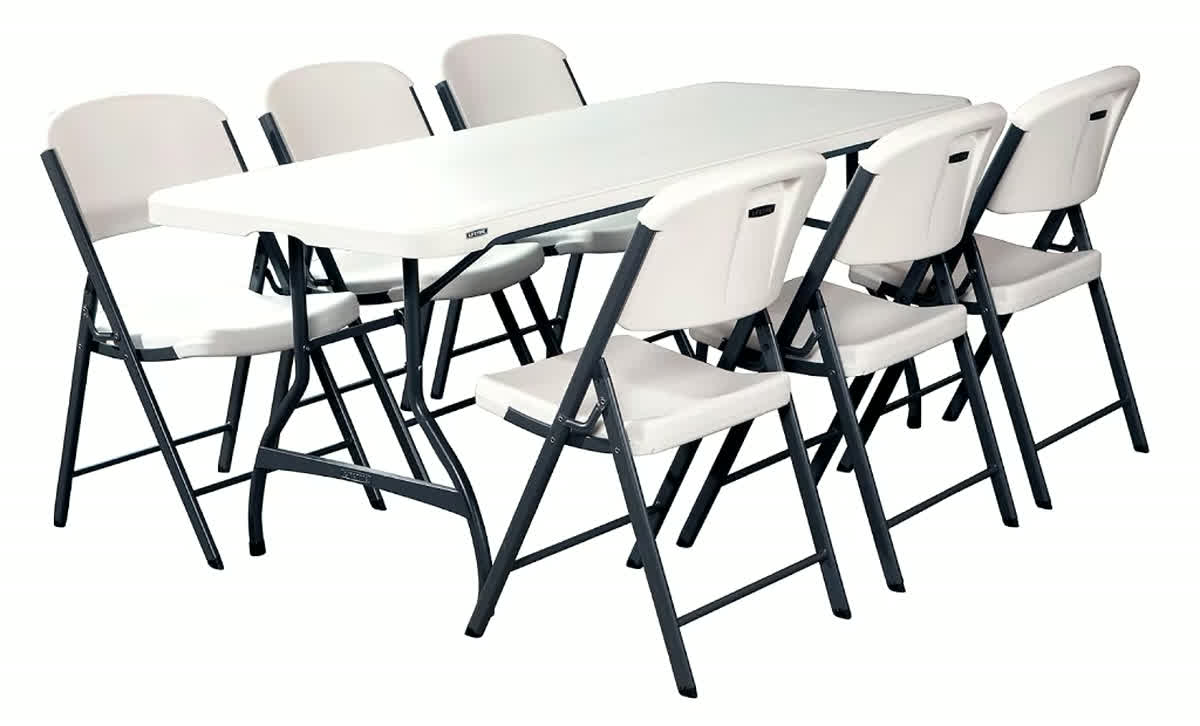 Six white folding chairs arranged around a 6 ft folding table, with one chair shown folded